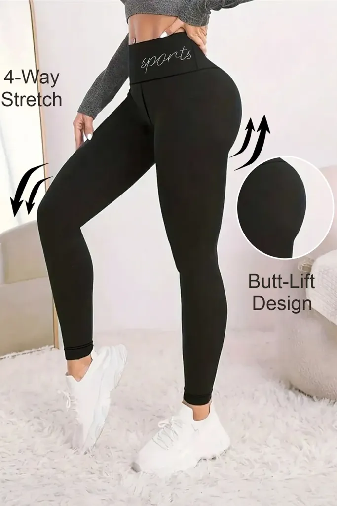 Black Typography Highrise Leggings - Image 1