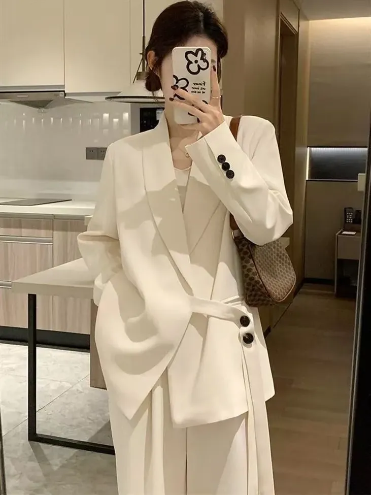 Off White Belted Lapel Collar Blazer - Image 1