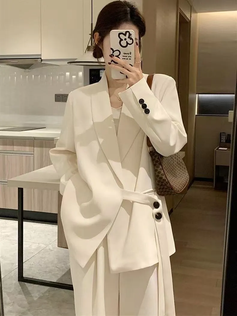 Off White Belted Lapel Collar Blazer