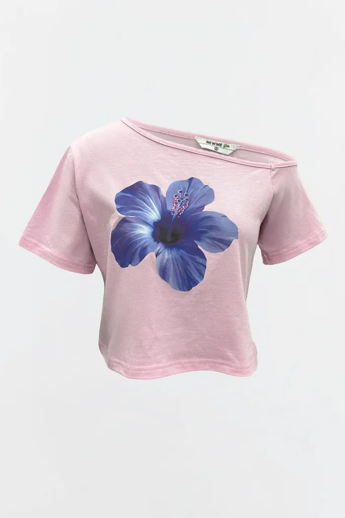 Light Pink Off Shoulder Crop T-Shirt - Image 1