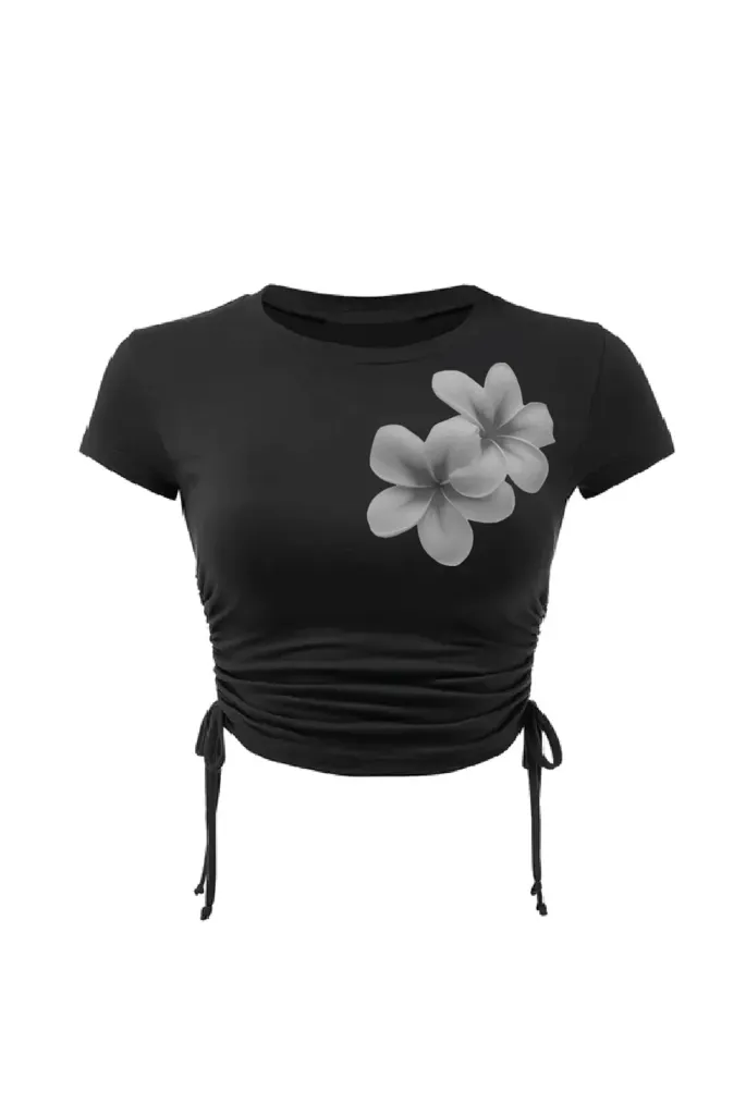Black Floral Tie-Up Crop T-Shirt - Image 1