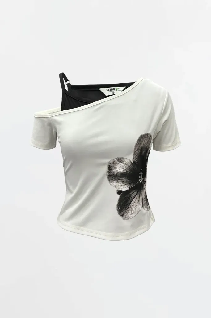 White Floral Built-In Strap Crop T-Shirt - Image 1