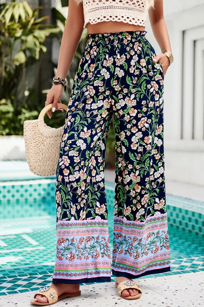 Navy Blue Floral High Rise Trousers - Image 1