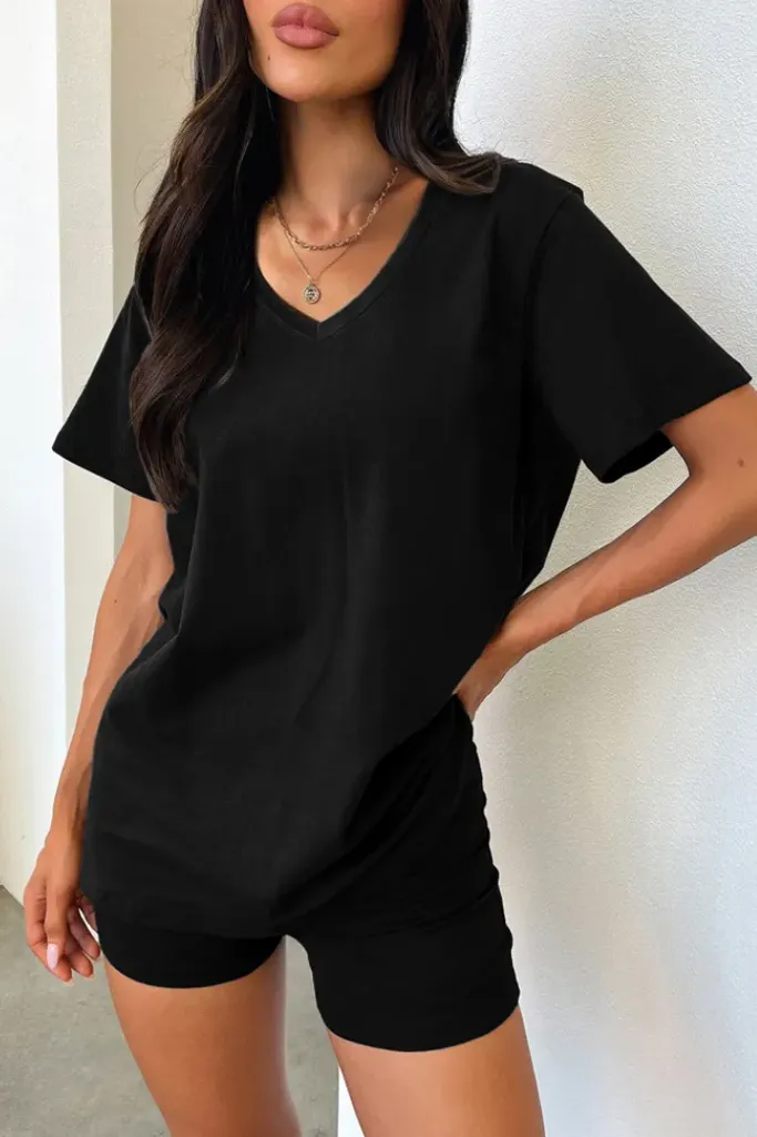 Black Solid V-Neck Co-Ord Set - Image 1