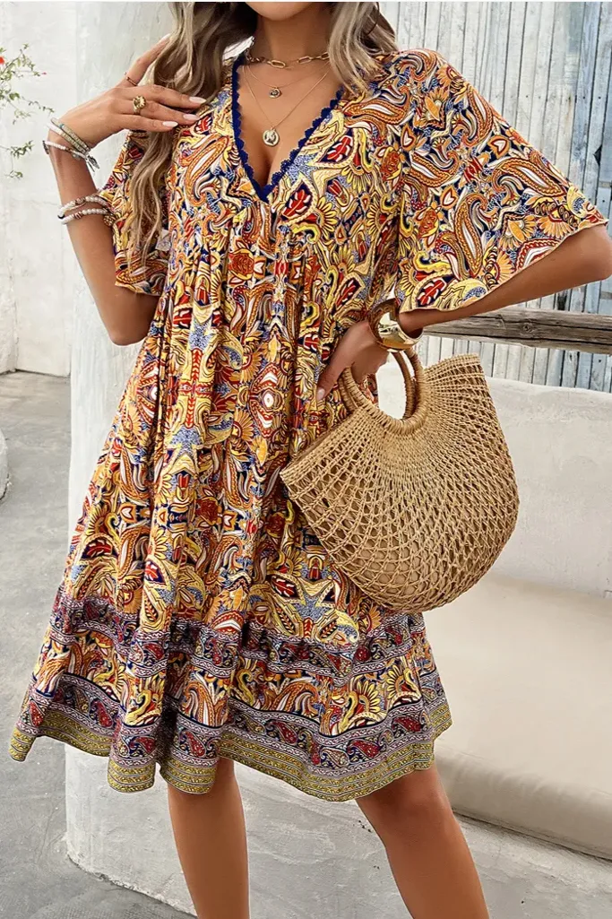 Yellow Floral V-Neck Midi Dress - Image 1