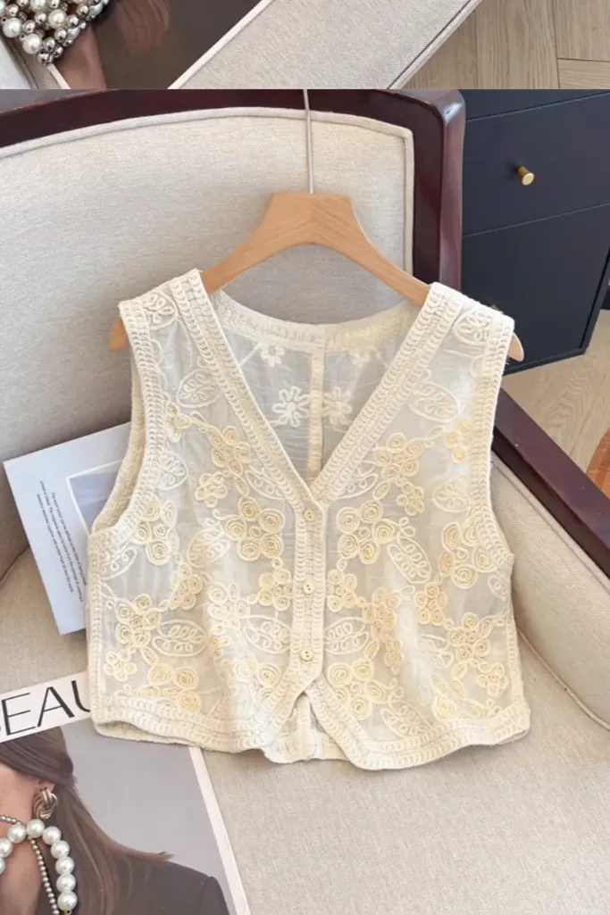 Off White Crochet Round Neck Buttoned Top - Image 1