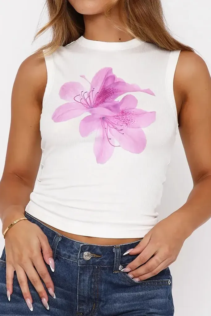 White Floral Round Neck Tank Top - Image 1