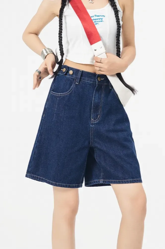 Dark Blue Mid Rise Denim Shorts - Image 1