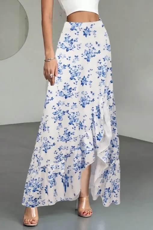 Blue High Rise Floral Ruffle Maxi Skirt - NEWME