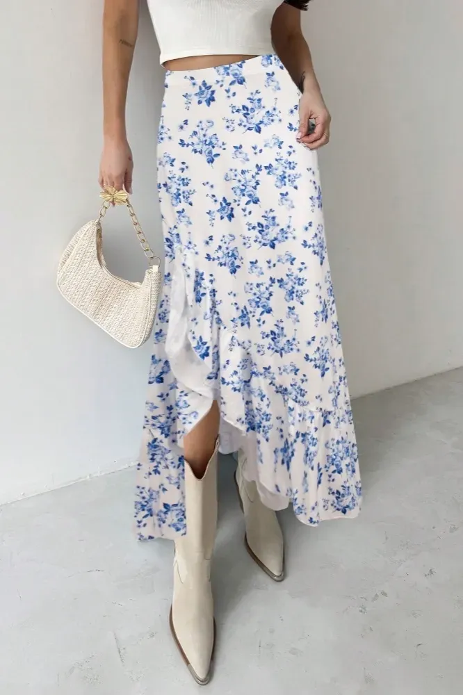 Blue High Rise Floral Ruffle Maxi Skirt - NEWME