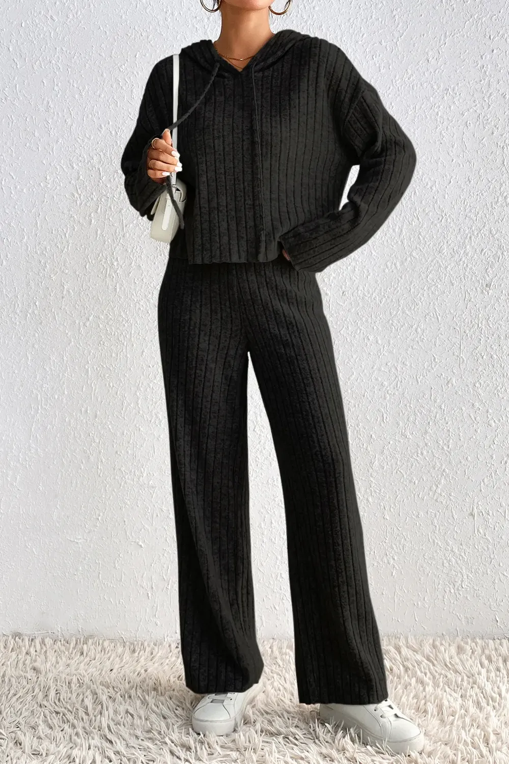 Black Solid Hood Neck Co-Ord Set