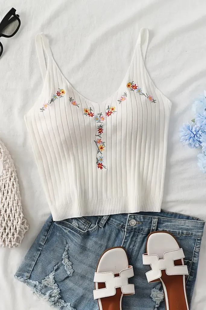 White Embroidered V-Neck Crop Top - Image 1