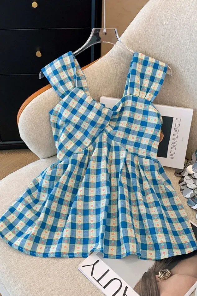 Light Blue Check Square Neck Top - Image 1