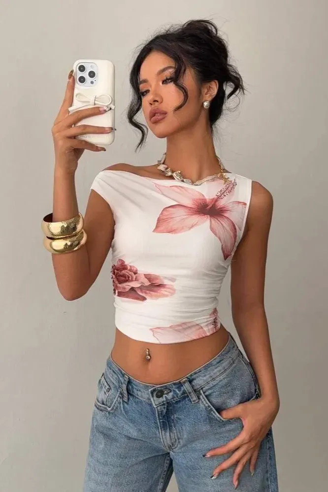 Ruched Floral One-Shoulder Crop Top - Image 1