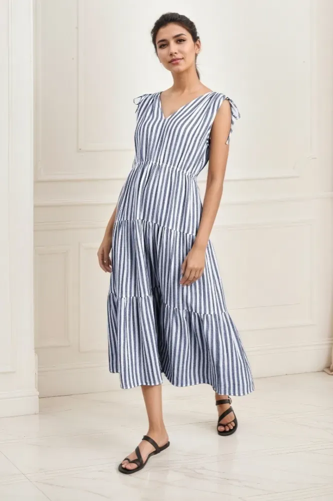 Blue Striped Tiered Midi Dress