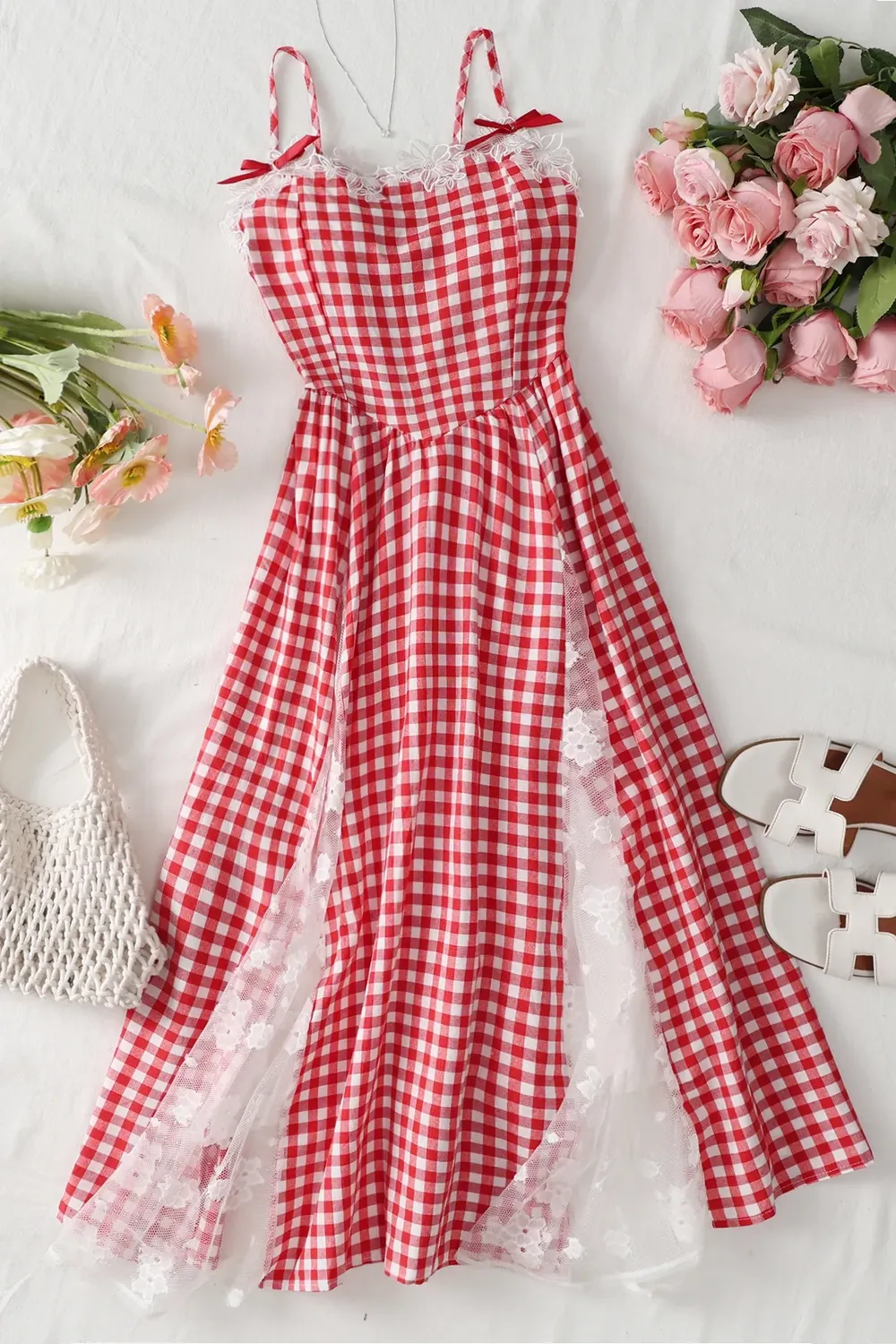Red Gingham Sweetheart Midi Dress