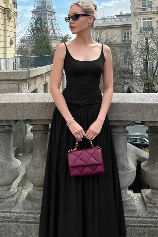 Black Ruched Scoop Neck Maxi Dress