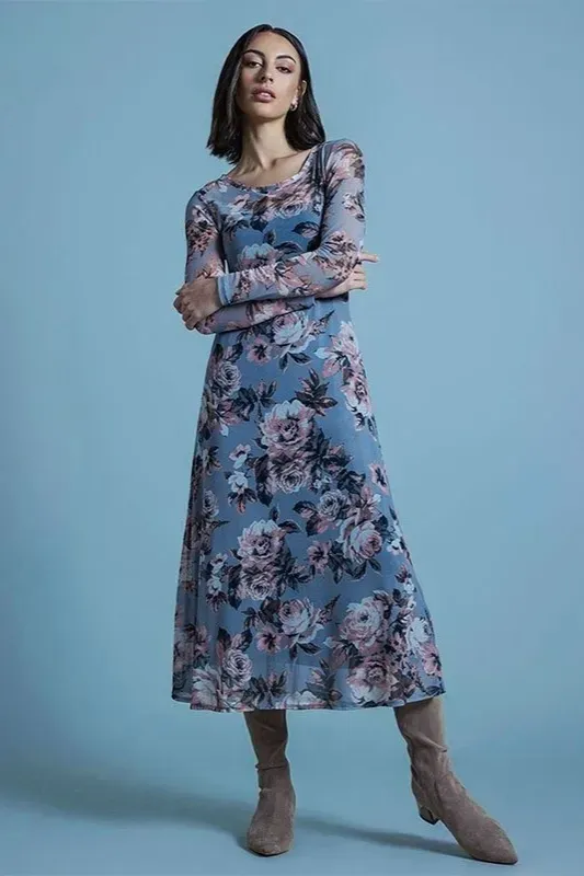 Blue Floral A-Line Midi Dress
