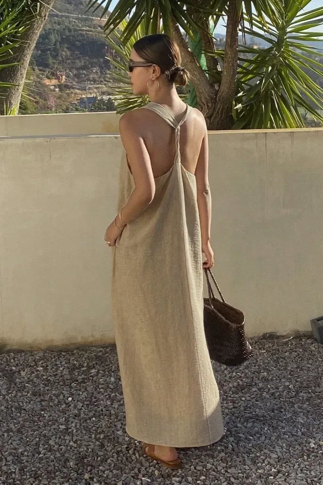 Khaki Backless Scoop Neck Maxi Dress - Image 1