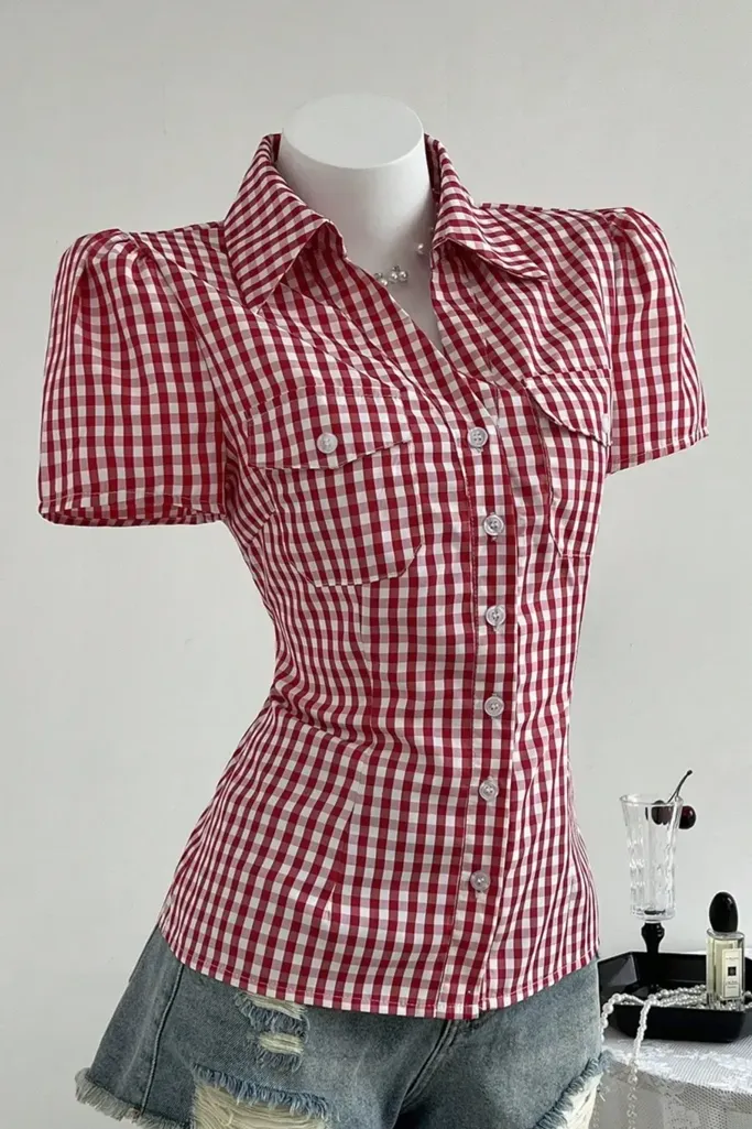Red Gingham Fitted Button Down Shirt - Image 1