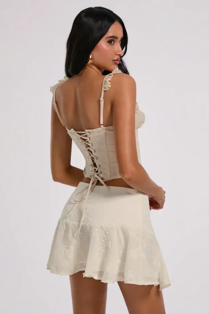 Beige Ruffled Lace Insert Corset Top - Image 1