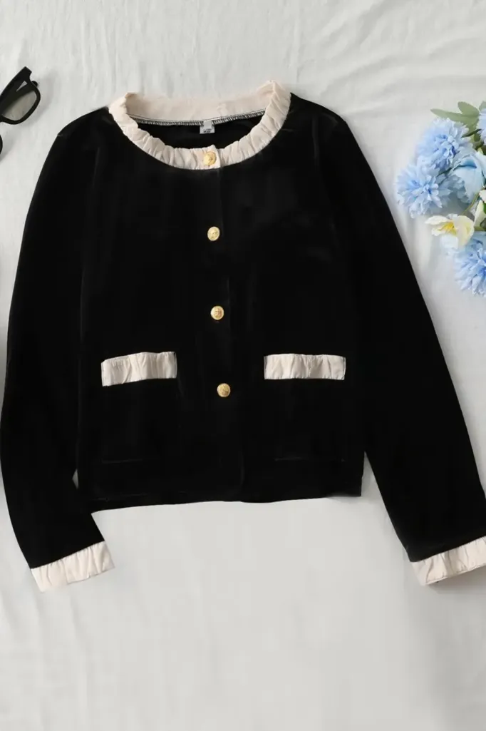 Black Ruffled Button Down Cardigan - Image 1