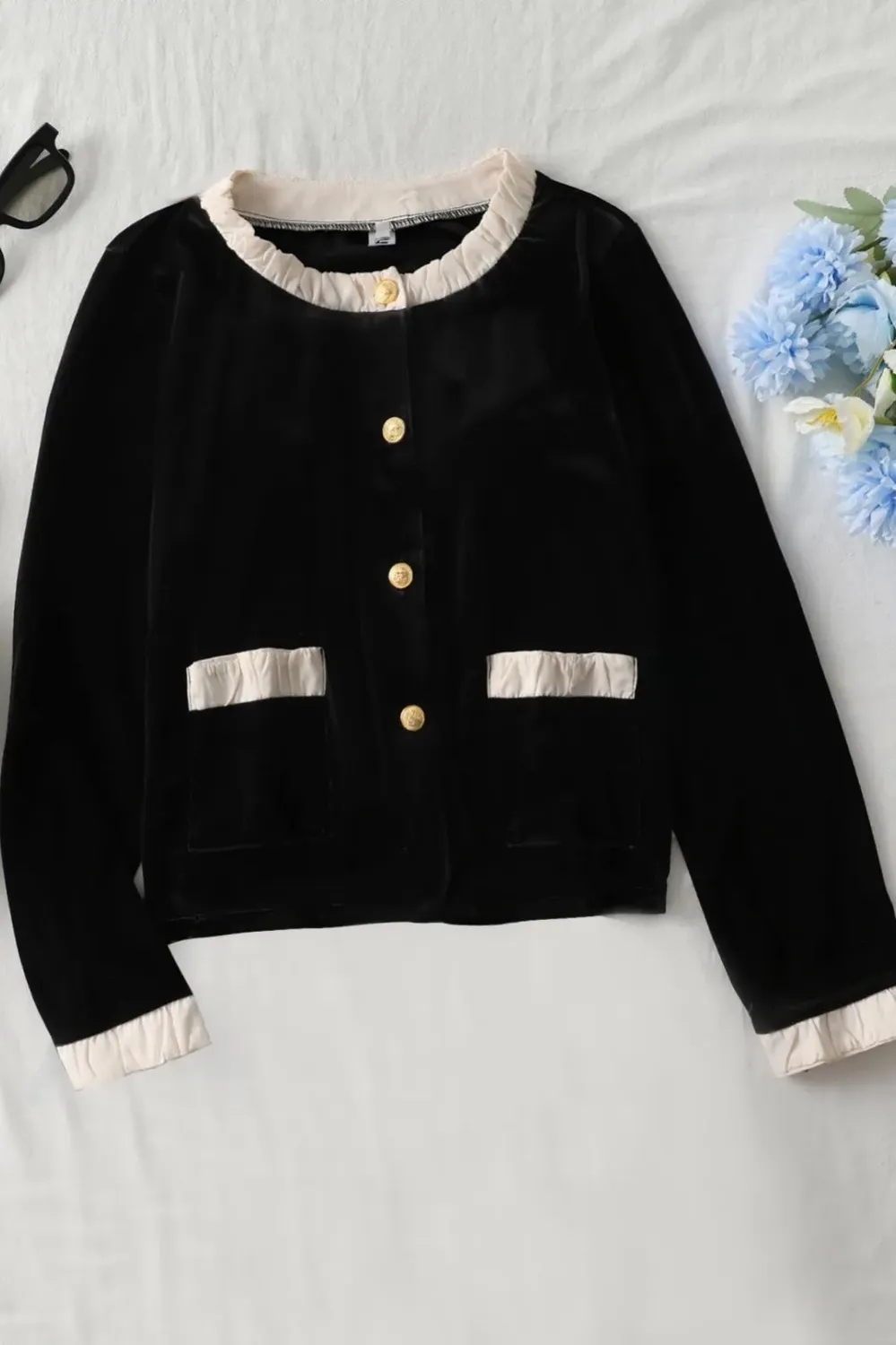 Black Ruffled Button Down Cardigan