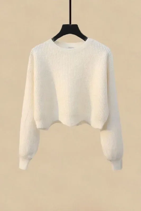 White Solid Crew Neck Sweater - Image 1