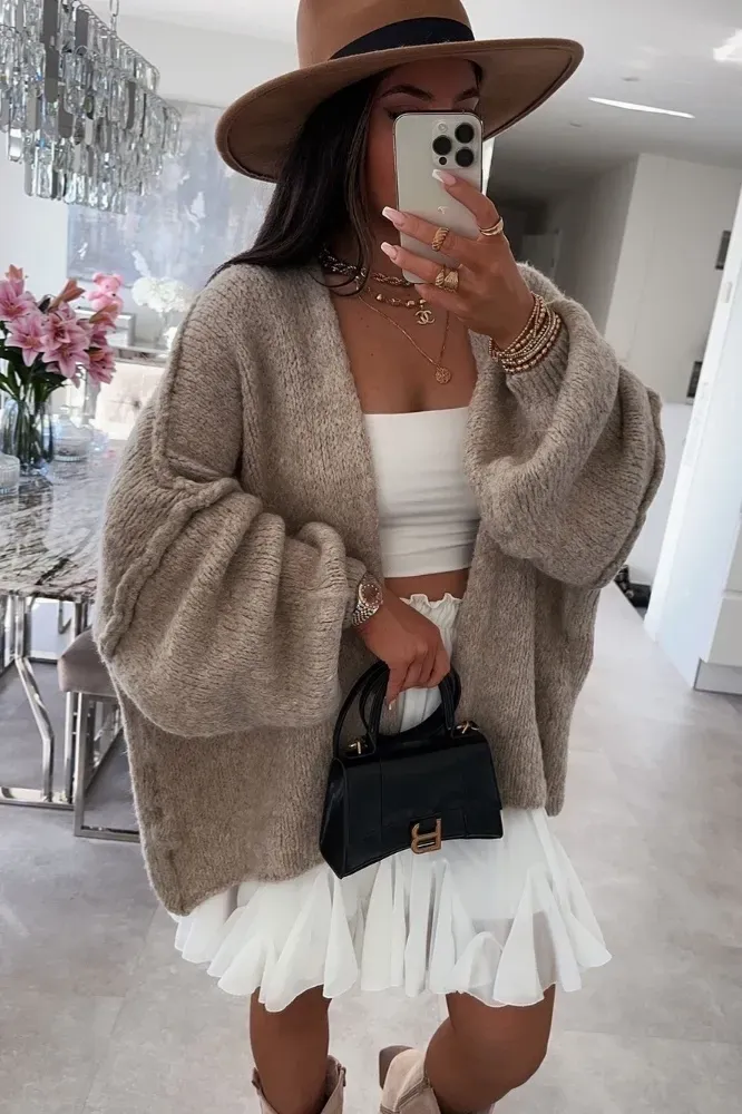 Light Brown Oversized Open Front Cardigan - Image 1