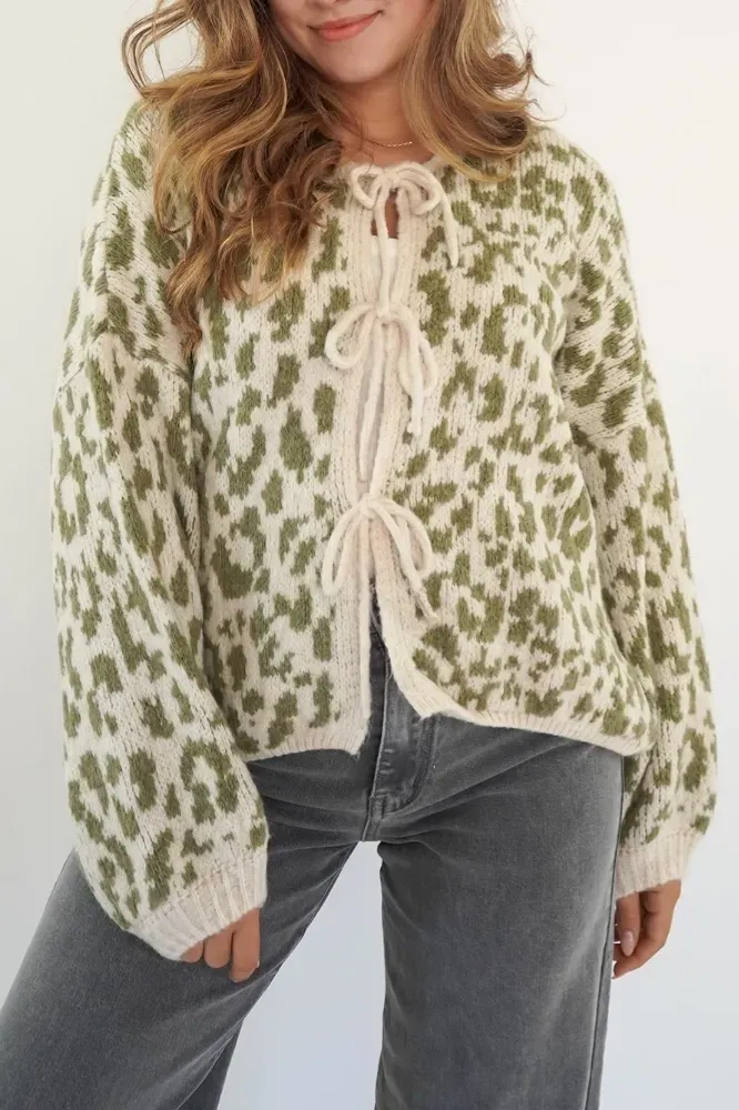 Green Animal Print Tie-Up Cardigan - Image 1