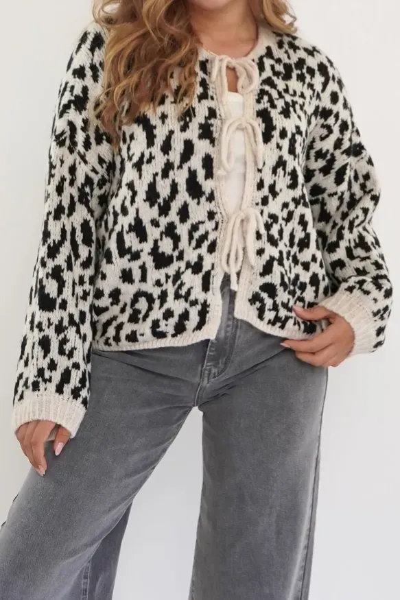 Black Animal Print Tie-Up Cardigan - Image 1