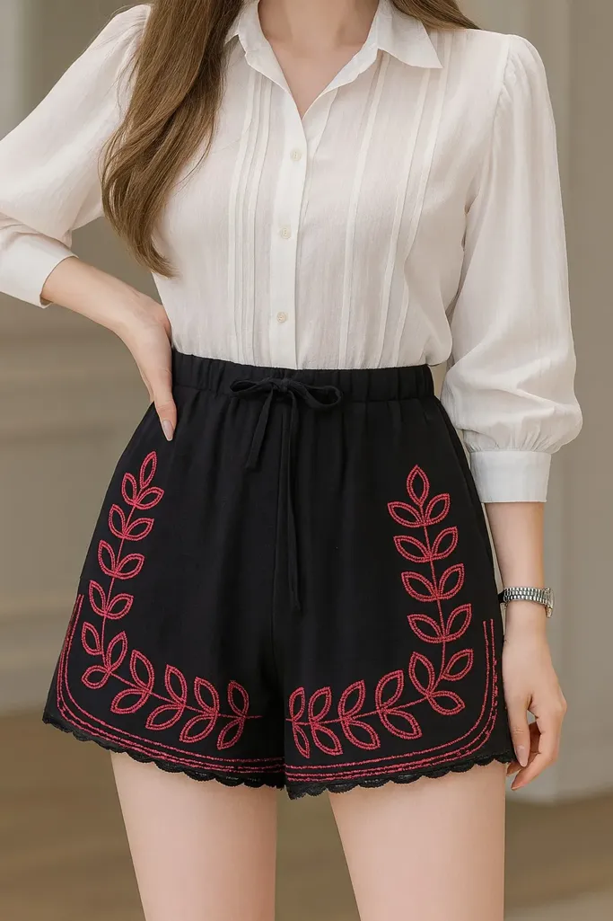 Black Leaf Print Mid Rise Shorts - Image 1
