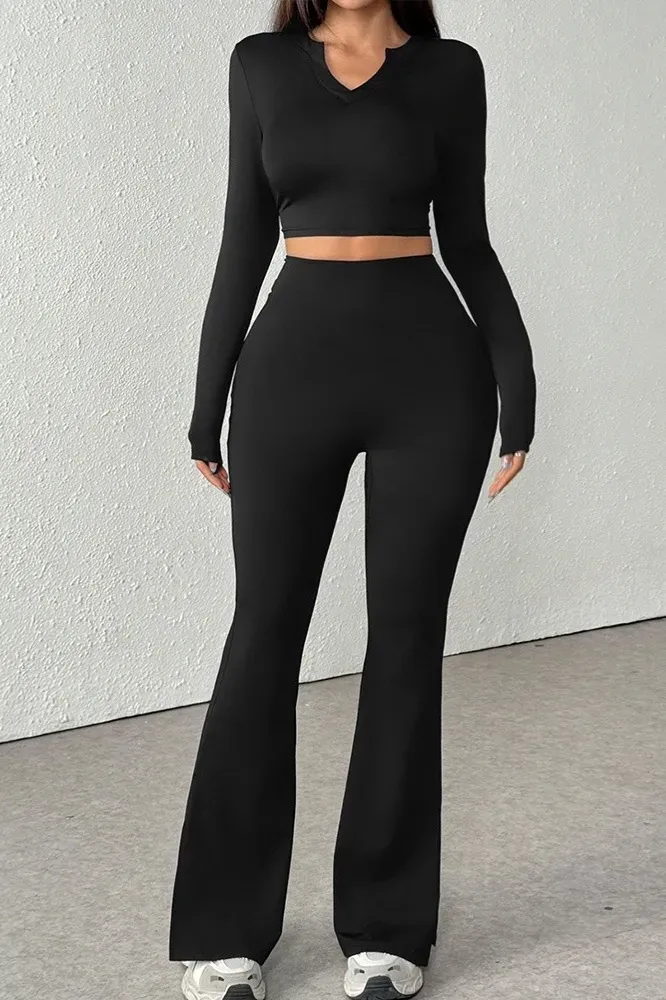 Black V-Neck Bootcut Co-Ord Set - Image 1