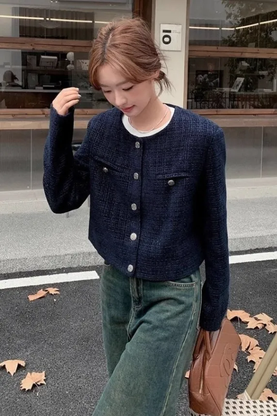 Navy Blue Round Neck Tweed Jacket - Image 1
