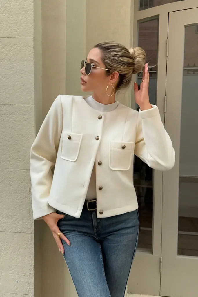 Off White Buttoned Tweed Jacket - Image 1
