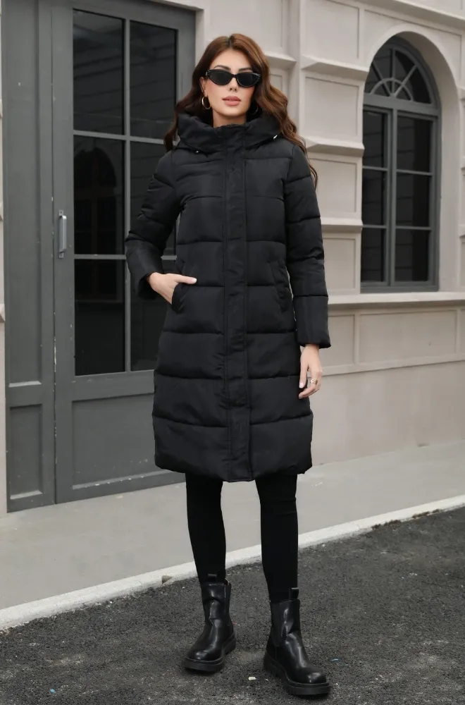 Black Solid Hood Neck Coat - Image 1