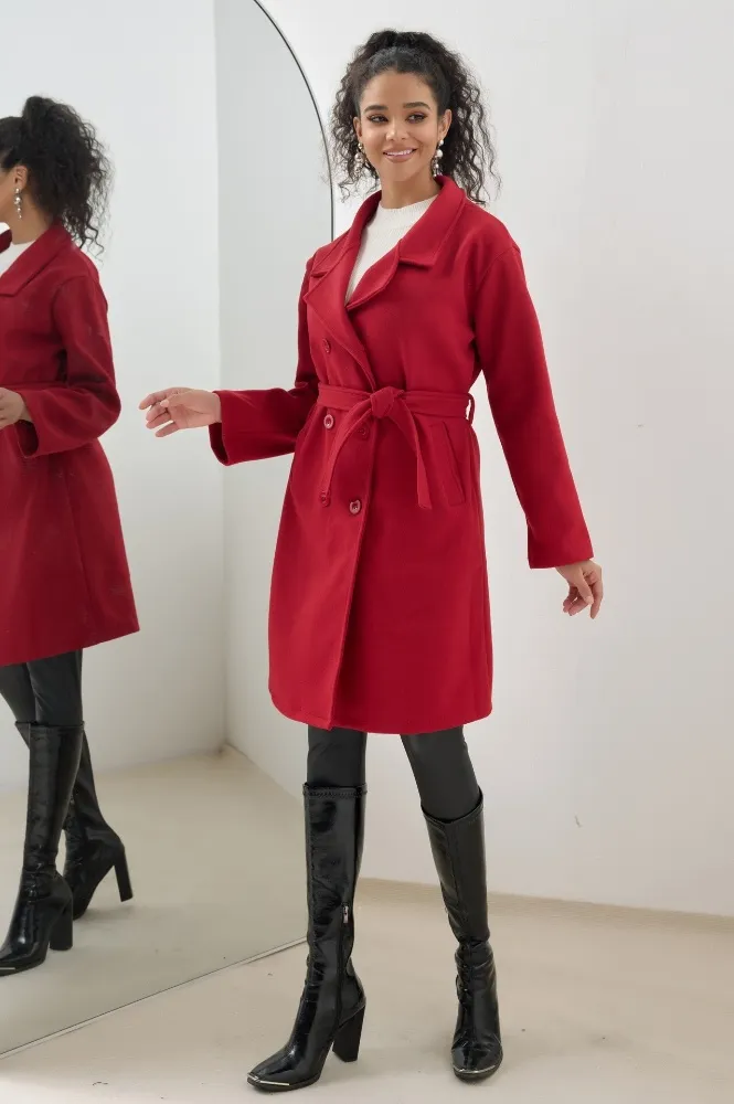 Red Lapel Collar Wrap Coat - NEWME