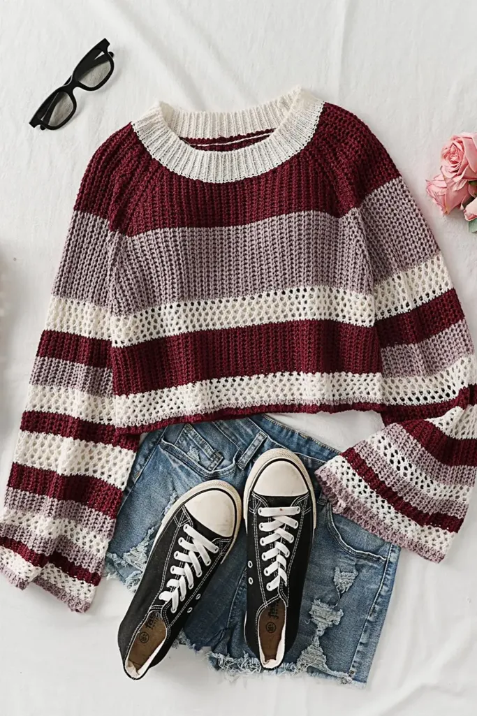 Maroon Striped Round Neck Sweater - Image 1