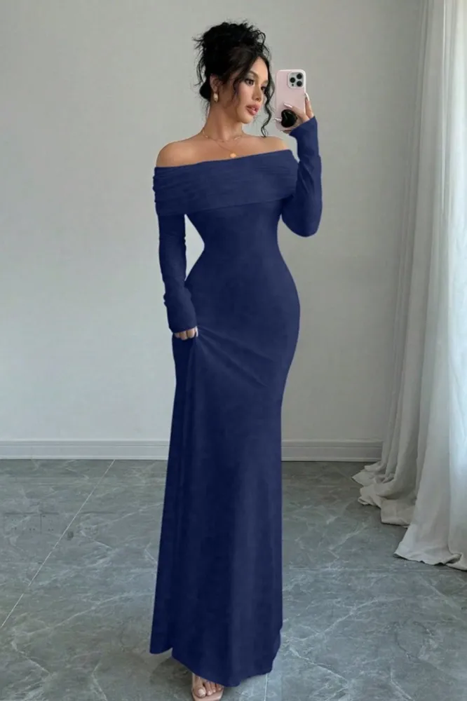 Navy Blue Off-Shoulder Maxi Dress - Image 1