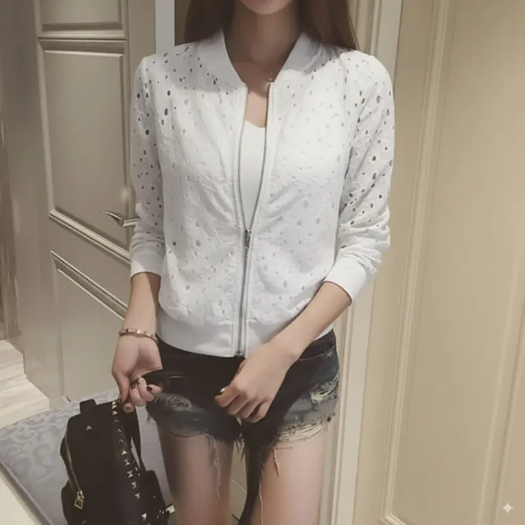 White Crew Neck Lace Zipper Jacket - Image 1