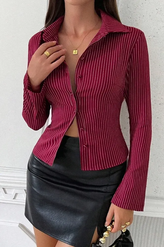 Maroon Striped Fitted Button Down Shirt - Image 1