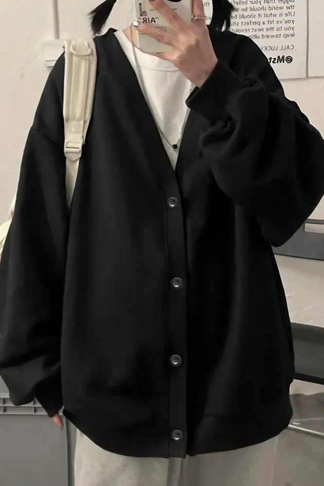 Black Oversized V-Neck Cardigan - Image 1