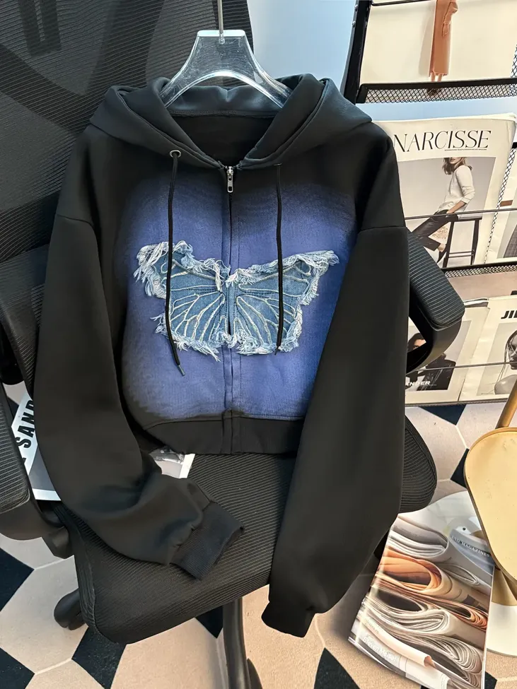 Black Butterfly Hooded Crop Sweatshirt - Image 1
