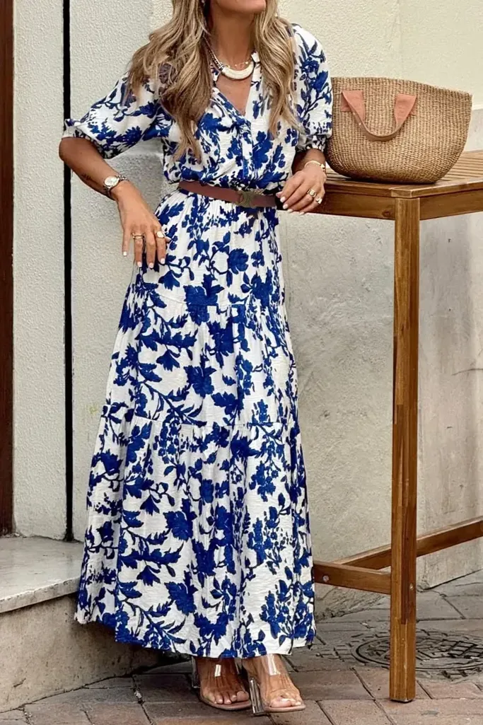 Blue Floral V-Neck Belted Maxi Dress - Image 1