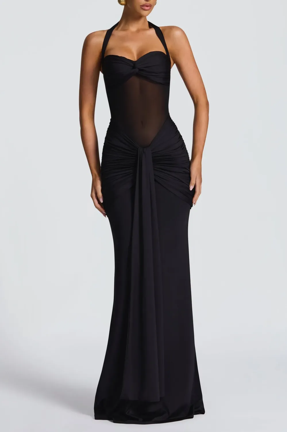 Black Ruched Halter Maxi Dress