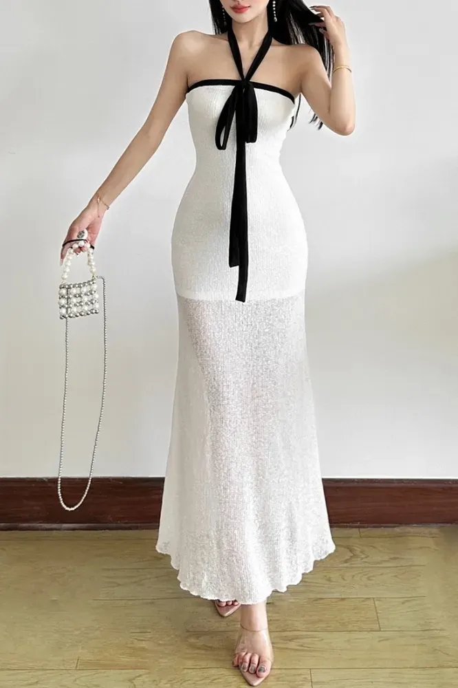 White Halter Neck Bodycon Maxi Dress - Image 1