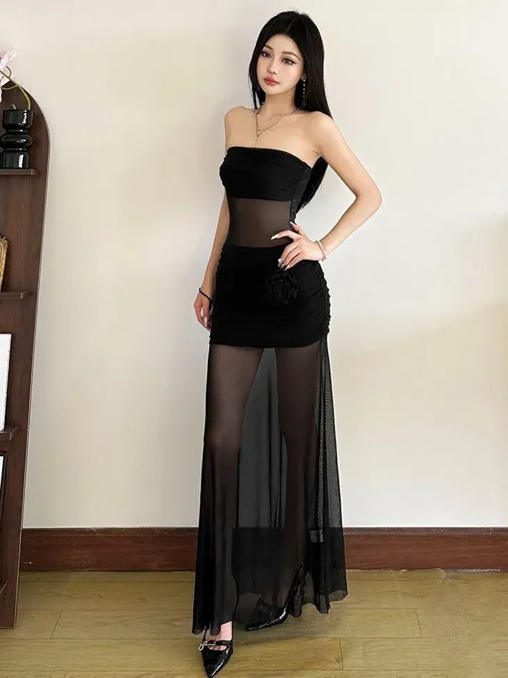 Black Ruched Tube Bodycon Maxi Dress - Image 1