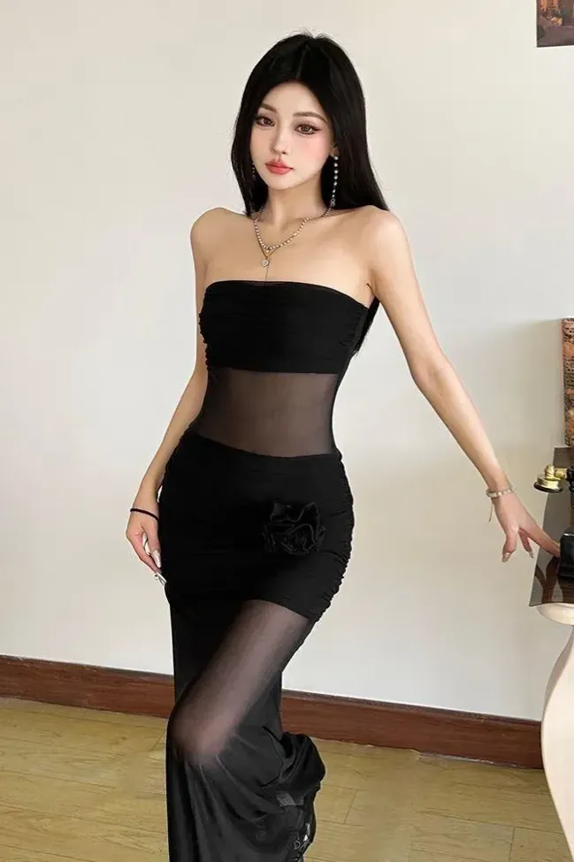 Black Ruched Tube Bodycon Maxi Dress - NEWME