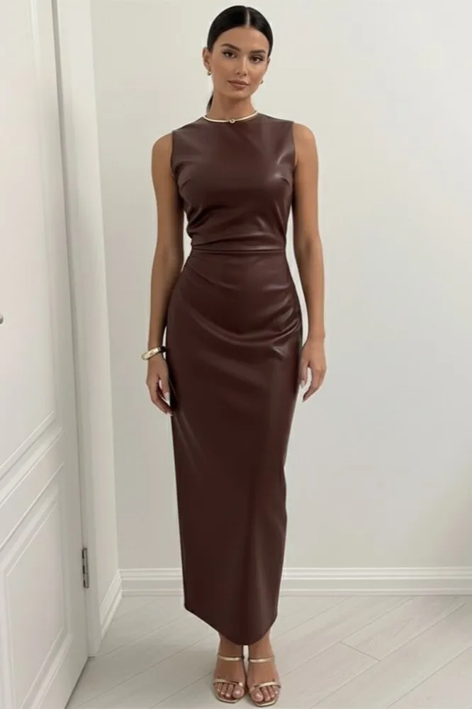 Brown Ruched Pu Maxi Dress - Image 1