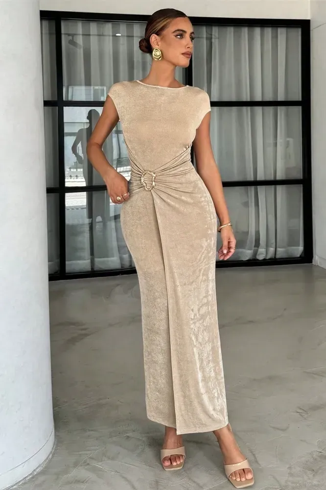 Beige Ruched Bodycon Maxi Dress - Image 1